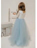 Ivory Lace Dusty Blue Tulle Gorgeous Flower Girl Dress Ivory Lace Dusty Blue Tulle Gorgeous Flower Girl Dress